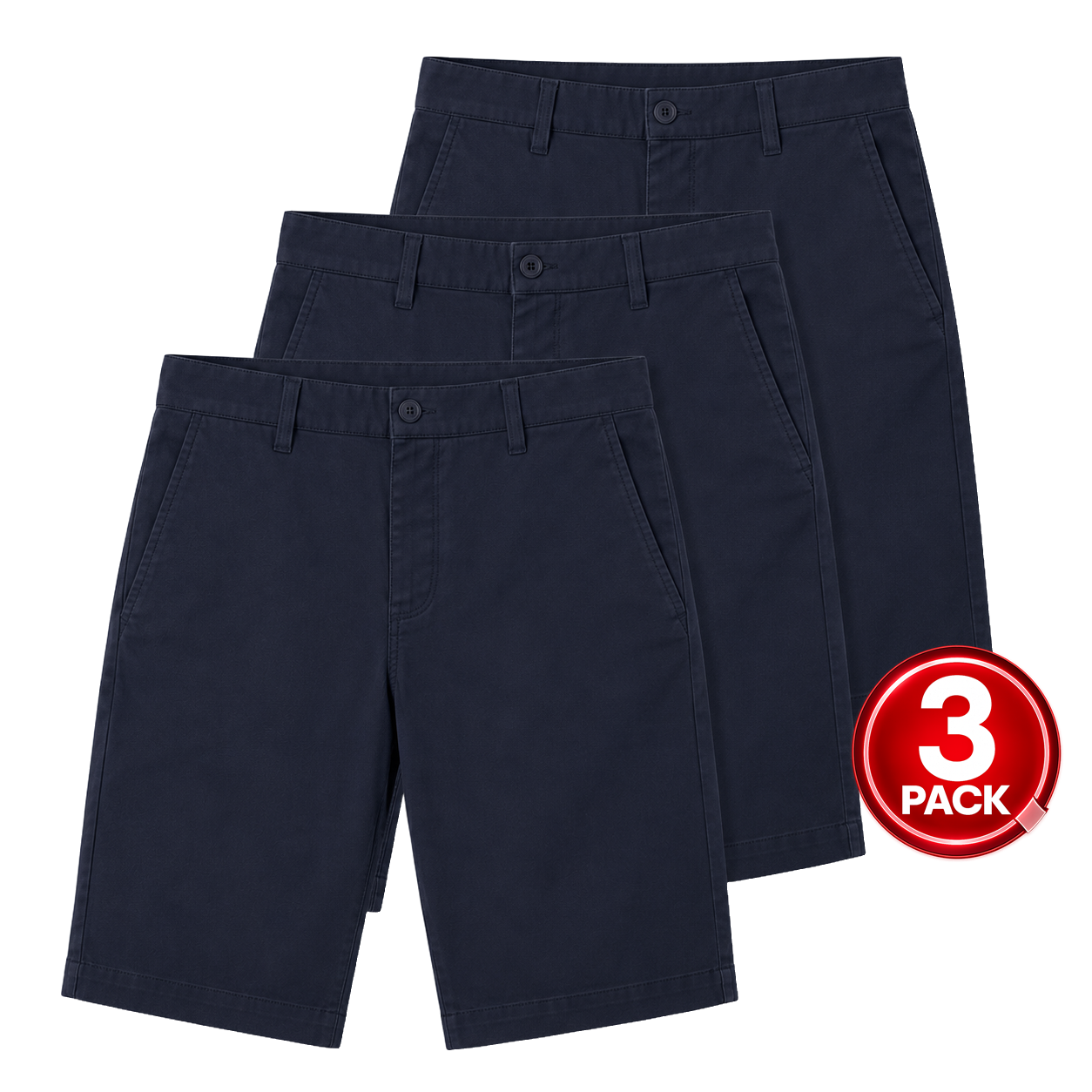 Young Men's 3-Pack Flat Front School Uniform Stretch Shorts in Navy