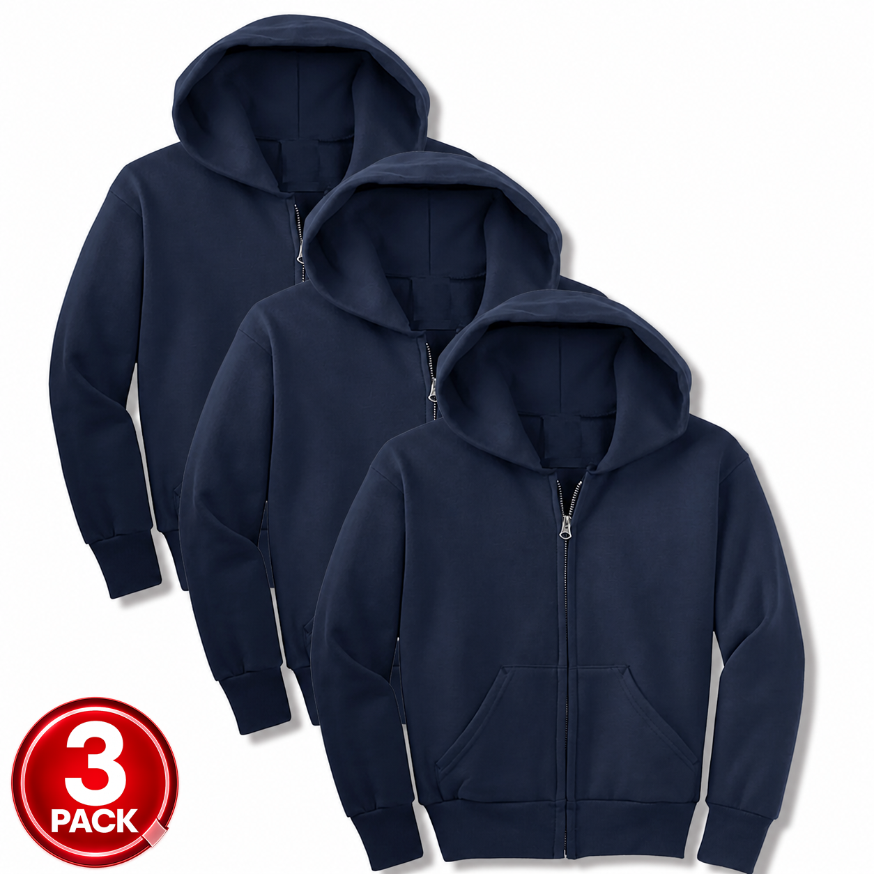 Youth Unisex 3-Pack Fleece Zip Up Hoodie in Navy