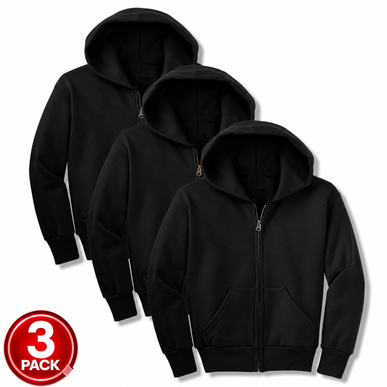 Youth Unisex 3-Pack Fleece Zip Up Hoodie in Black