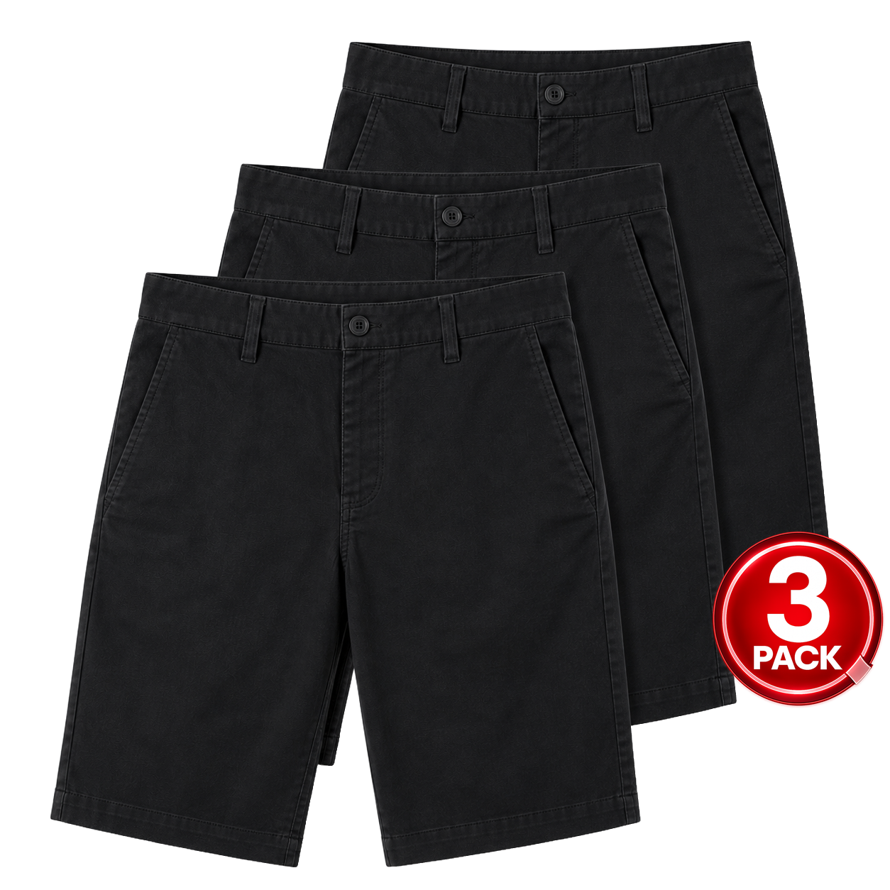 Young Men's 3-Pack Flat Front School Uniform Stretch Shorts in Black