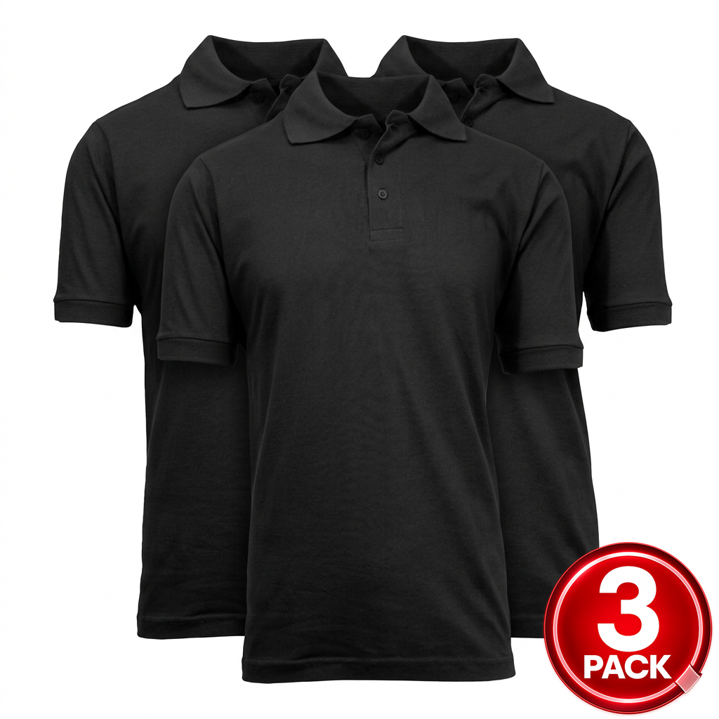 3-Pack Adult Short Sleeve Pique School Uniform Polo Shirt in Black