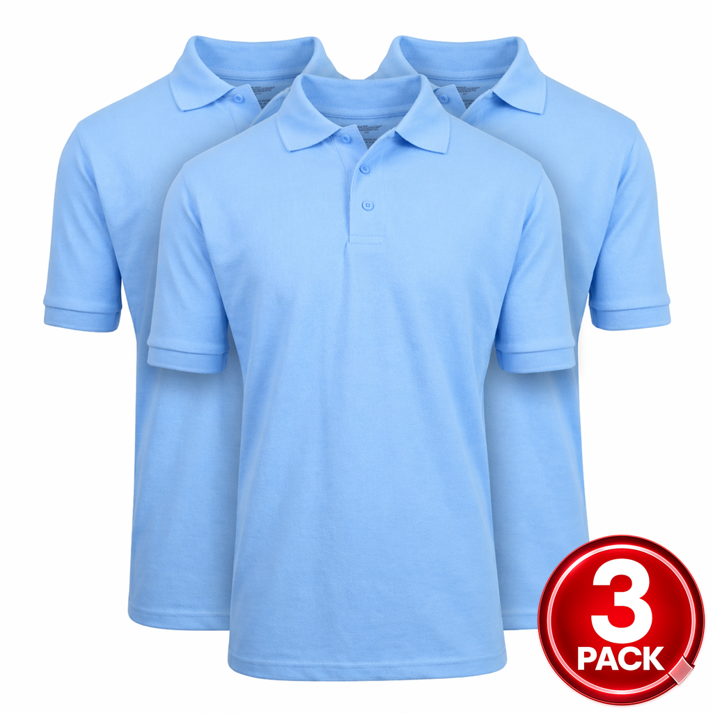 3-Pack Adult Short Sleeve Pique School Uniform Polo Shirt in Light Blue