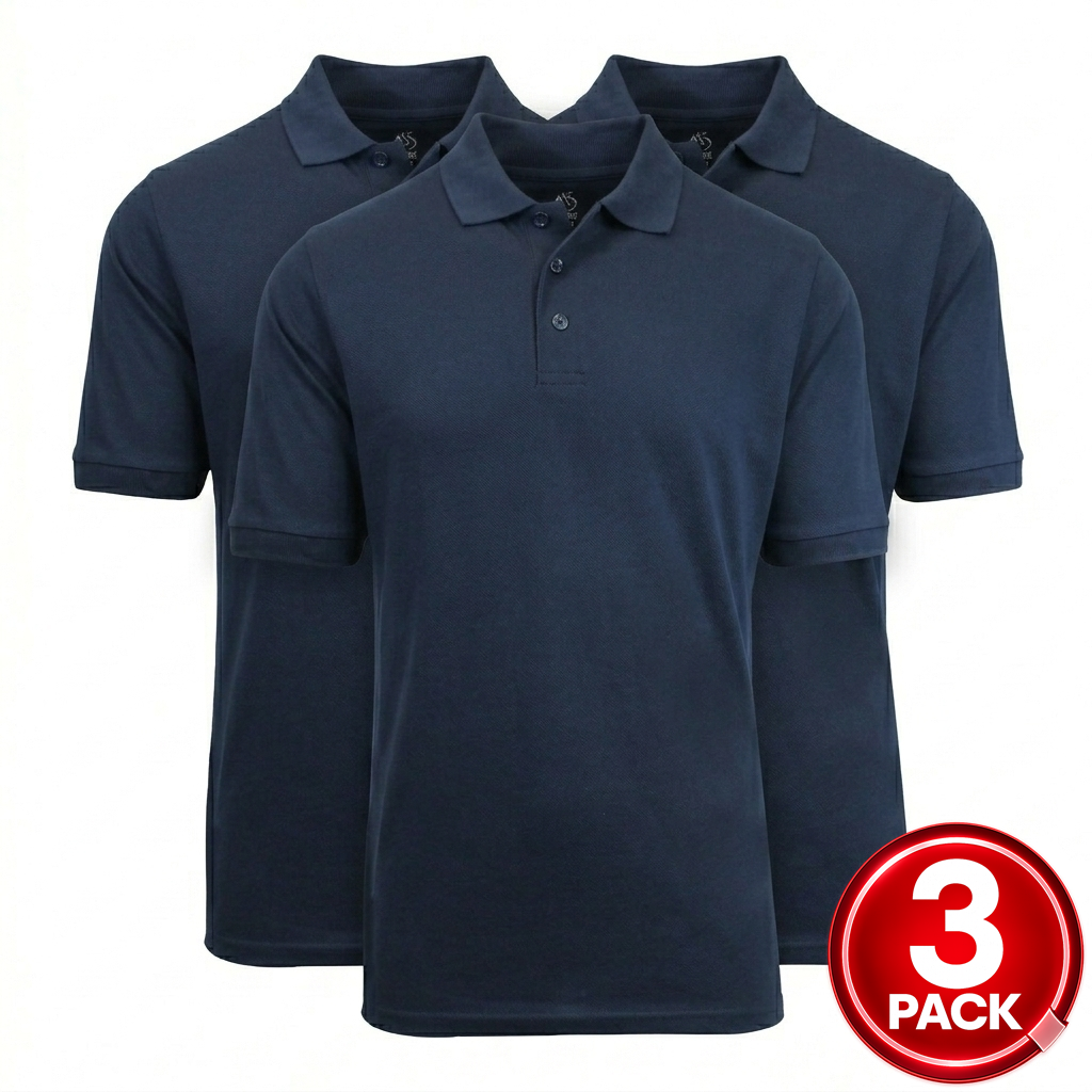 3-Pack Adult Short Sleeve Pique School Uniform Polo Shirt in Navy
