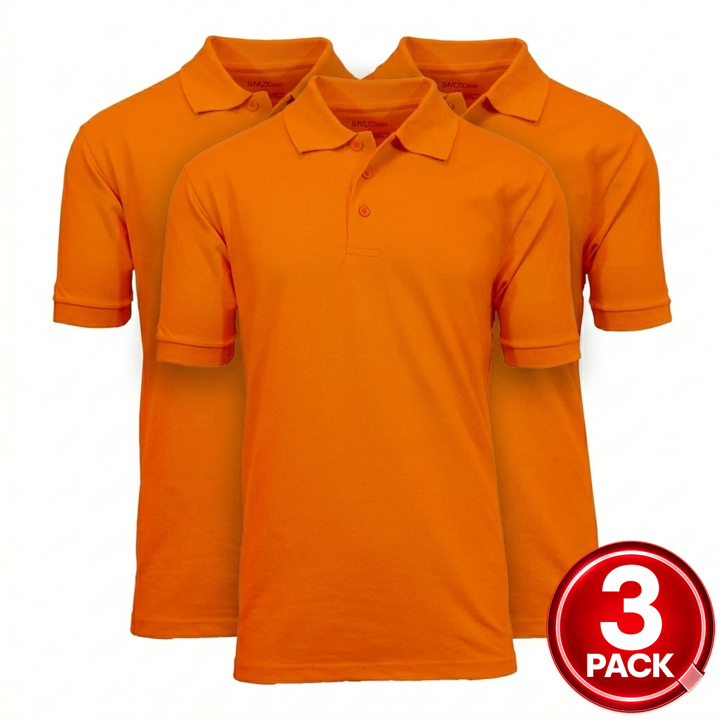 3-Pack Adult Short Sleeve Pique School Uniform Polo Shirt in Orange