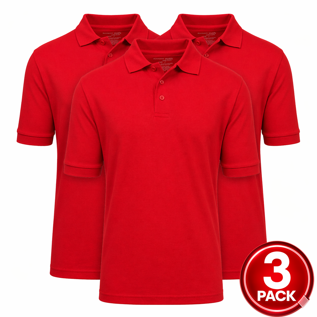 3-Pack Adult Short Sleeve Pique School Uniform Polo Shirt in Red