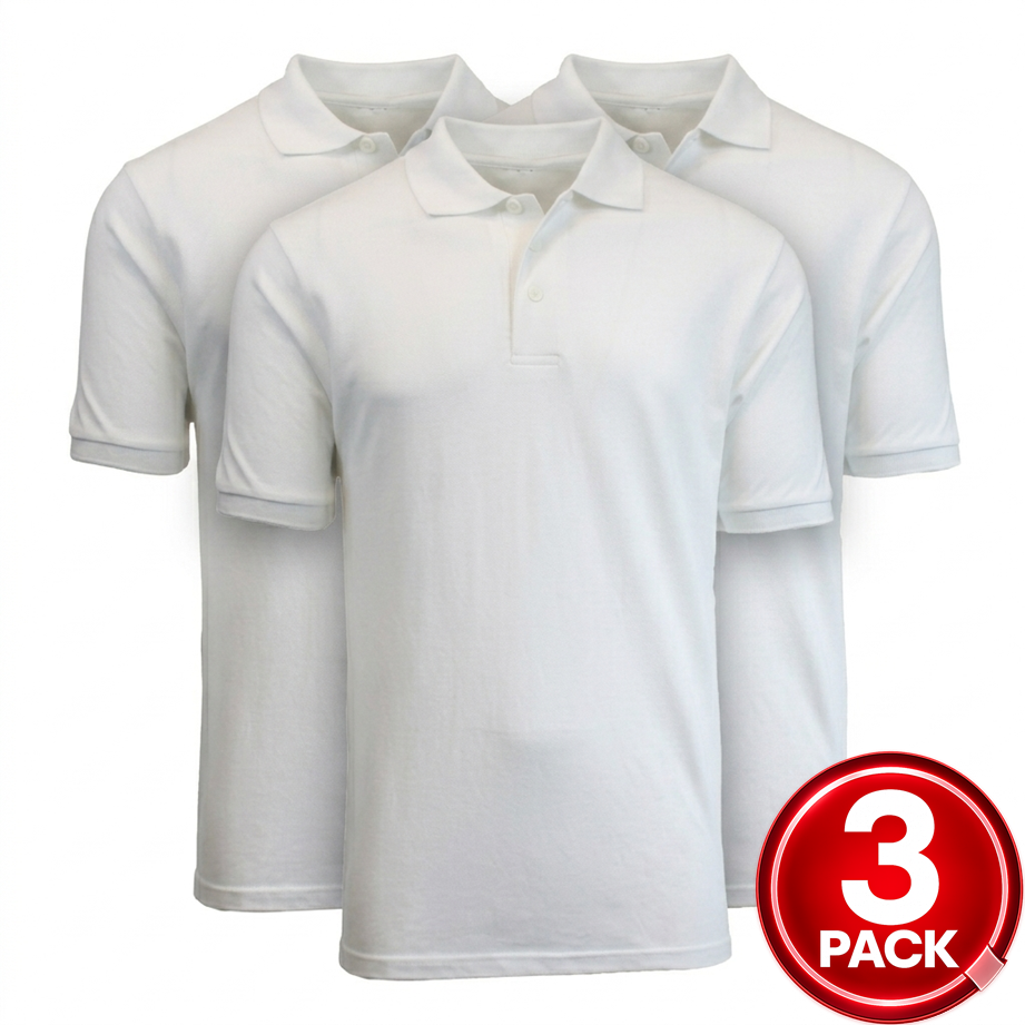 3-Pack Adult Short Sleeve Pique School Uniform Polo Shirt in White