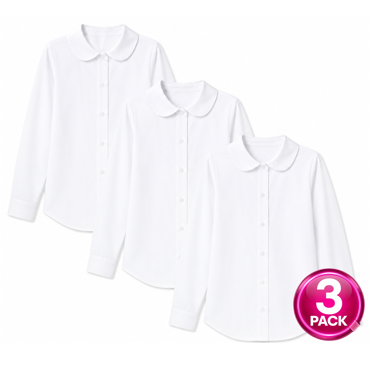 Girls 3-Pack Long Sleeve Button Down Peter Pan Blouse in White