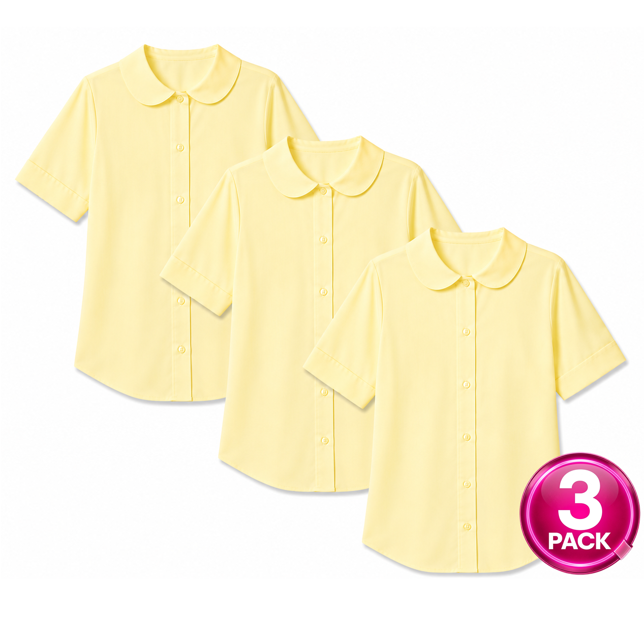 Girls 3-Pack Short Sleeve Button Down Peter Pan Blouse in Yellow