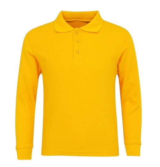 Wholesale Adult Size long Sleeve Pique Polo Shirt School Uniform in Gold. High School Uniform polo Shirts