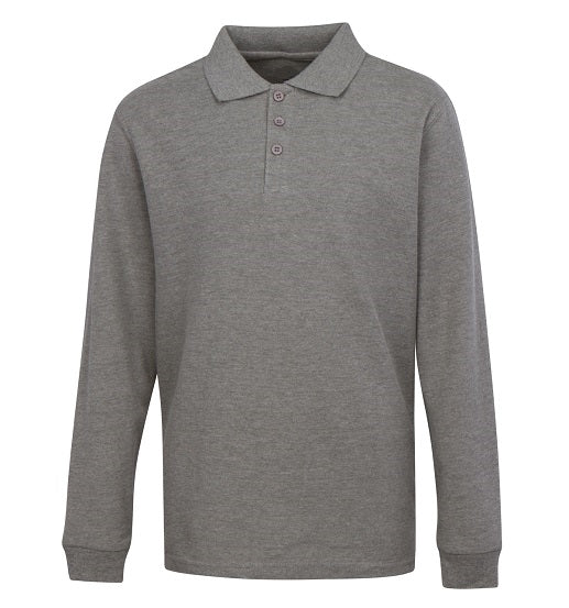Wholesale Adult Size long Sleeve Pique Polo Shirt School Uniform in Heather Grey. High School Uniform polo Shirts