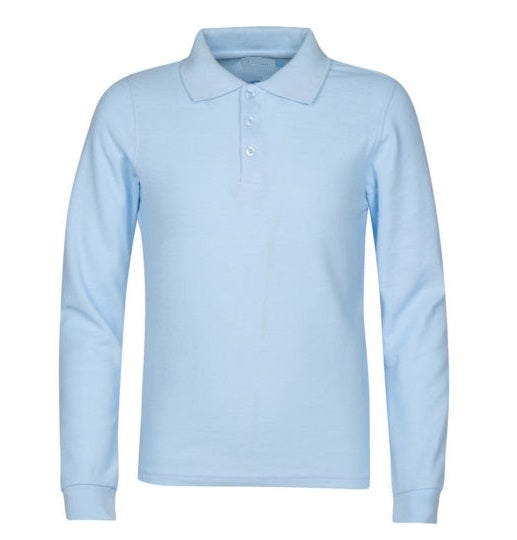 Wholesale Adult Size long Sleeve Pique Polo Shirt School Uniform in Light Blue. High School Uniform polo Shirts