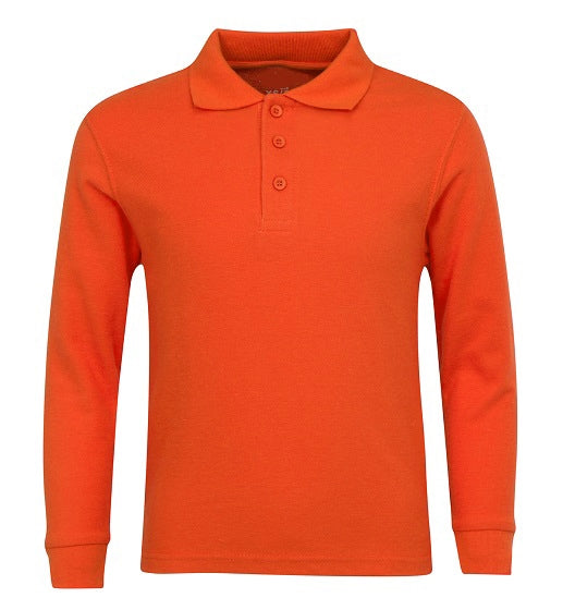 Wholesale Adult Size long Sleeve Pique Polo Shirt School Uniform in Orange. High School Uniform polo Shirts