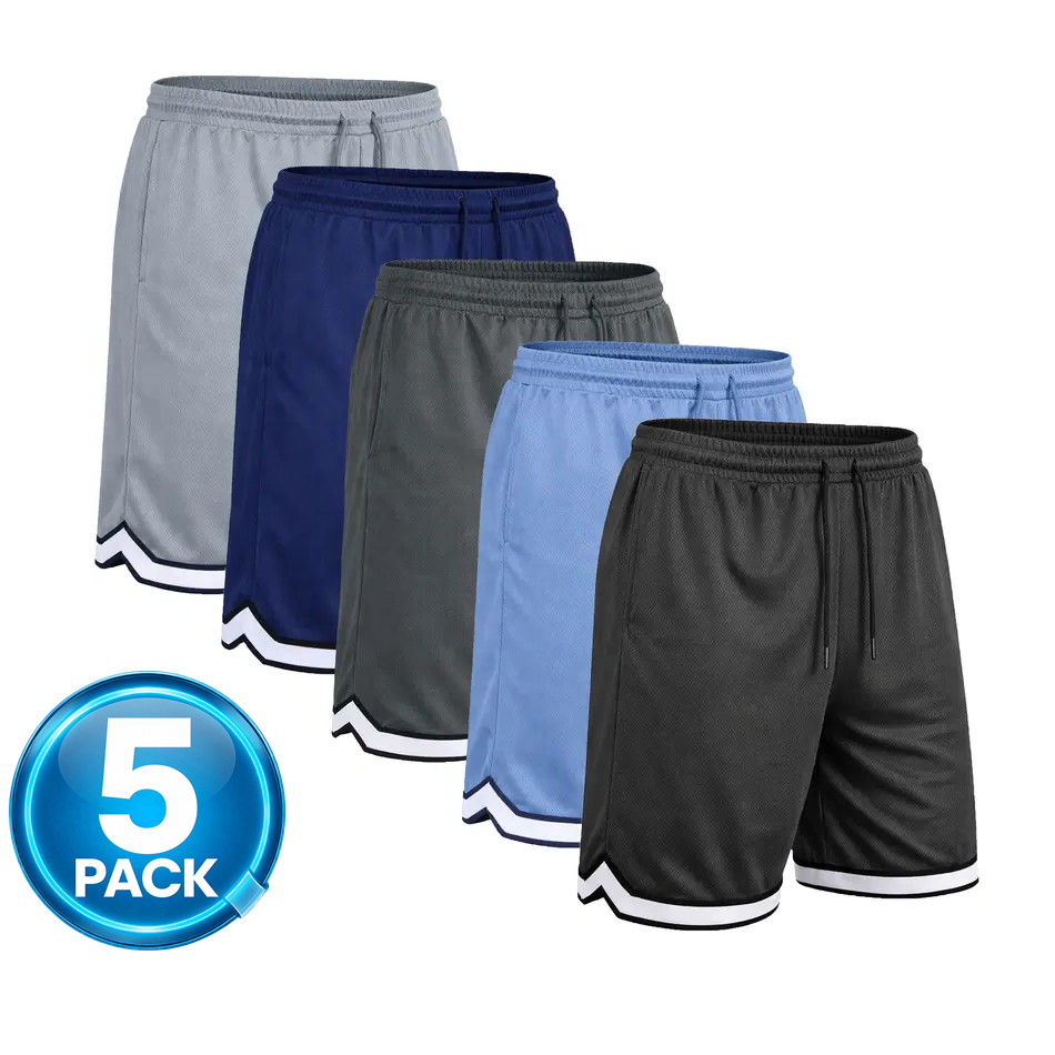 Men's 5-Pack Mesh Athletic Shorts with Trim - Black / Carolina / Charcoal / Navy / Silver
