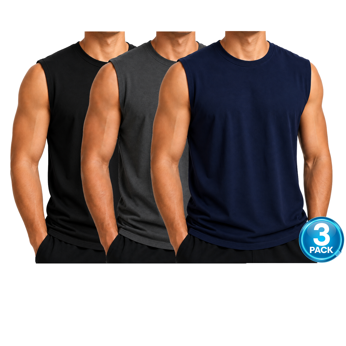 Men's 3-Pack Cotton Muscle Tee - Black / Charcoal / Navy