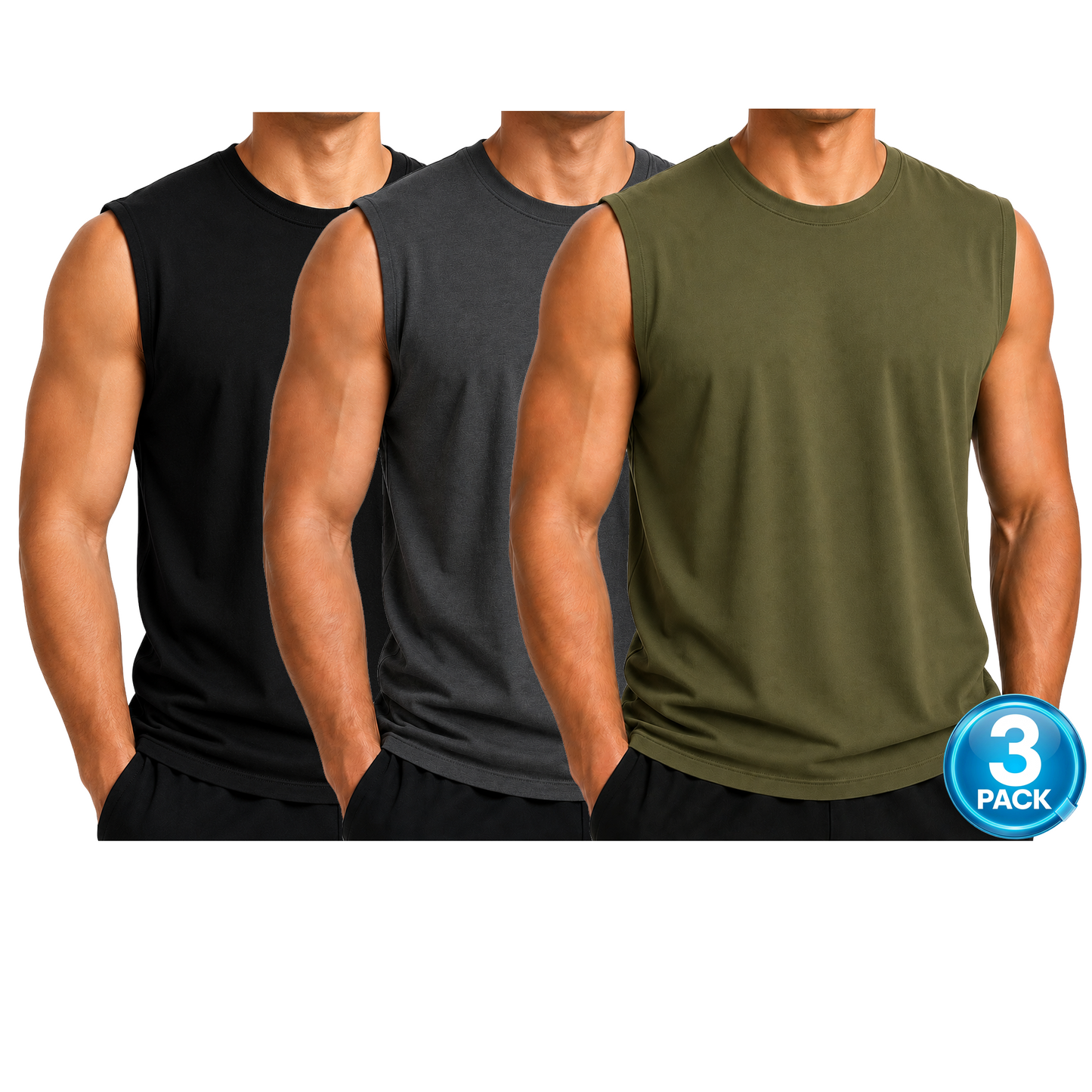 Men's 3-Pack Cotton Muscle Tee - Black / Charcoal / Olive