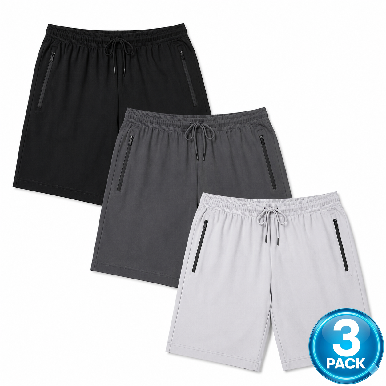 Men's 3-Pack Performance Workout Shorts With Zippered Pockets - Black / Charcoal / Silver