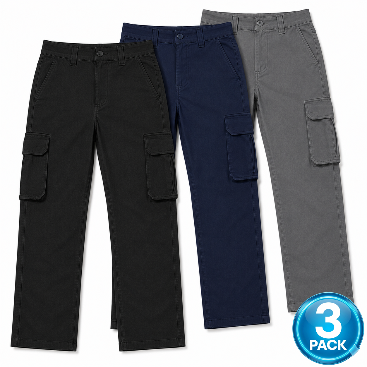 Young Men's 3-Pack Stretch Twill Cargo Pants in Black / Navy / Grey