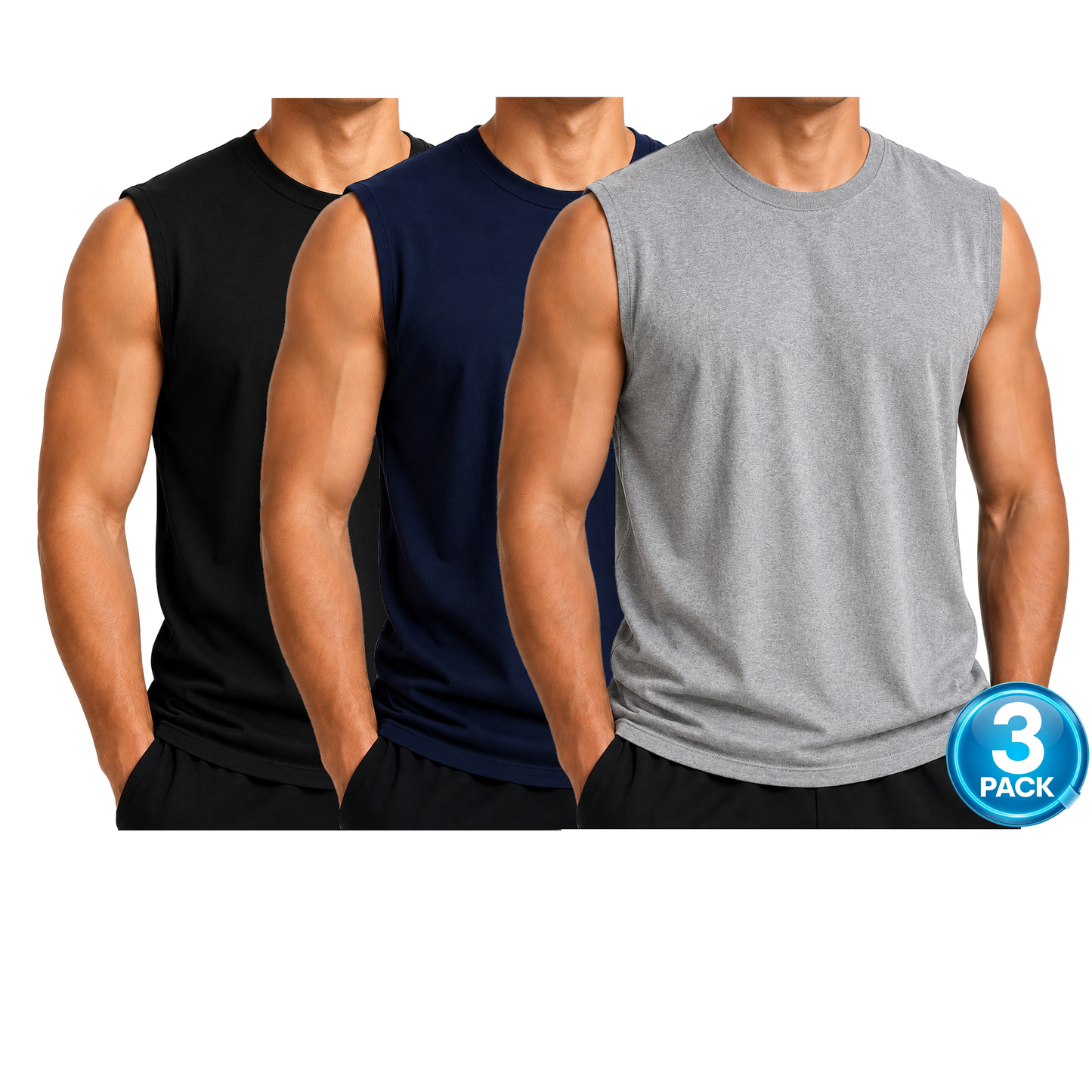 Men's 3-Pack Cotton Muscle Tee - Black / Navy / Heather Grey