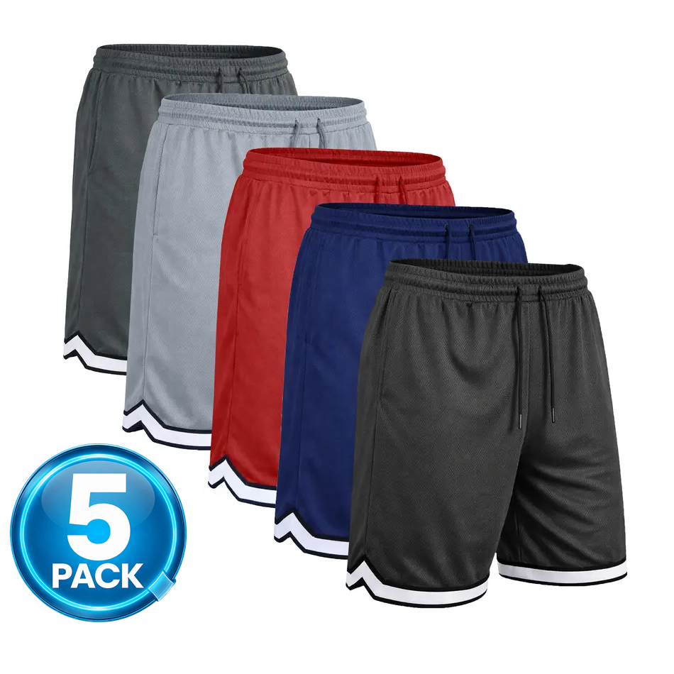 Men's 5-Pack Mesh Athletic Shorts with Trim - Black / Navy / Red / Silver / Charcoal