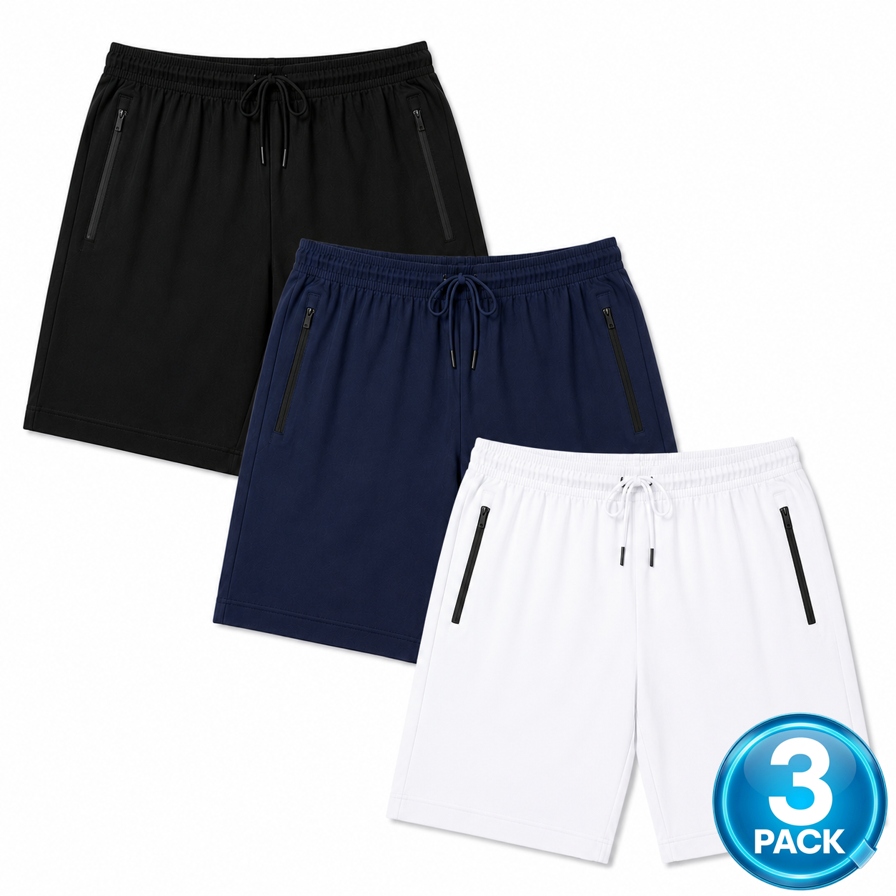 Men's 3-Pack Performance Workout Shorts With Zippered Pockets - Black / Navy / White