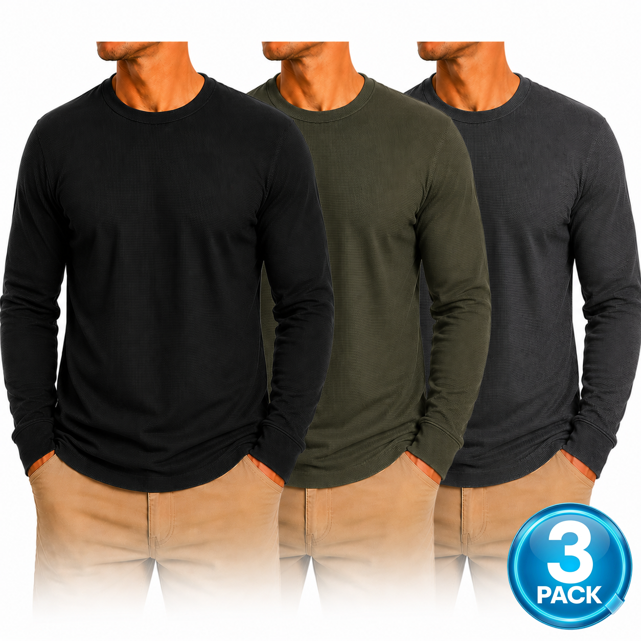Men's 3-Pack Waffle-Knit Long Sleeve Thermal Shirt in Black / Olive / Charcoal