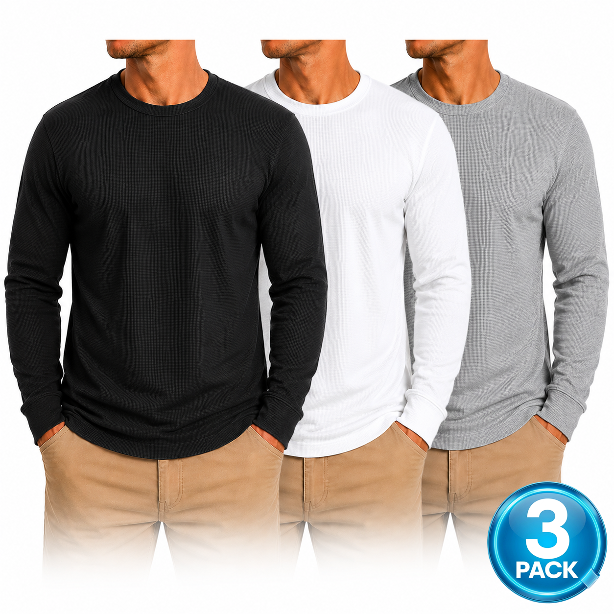 Men's 3-Pack Waffle-Knit Long Sleeve Thermal Shirt in Black / White / Heather Grey