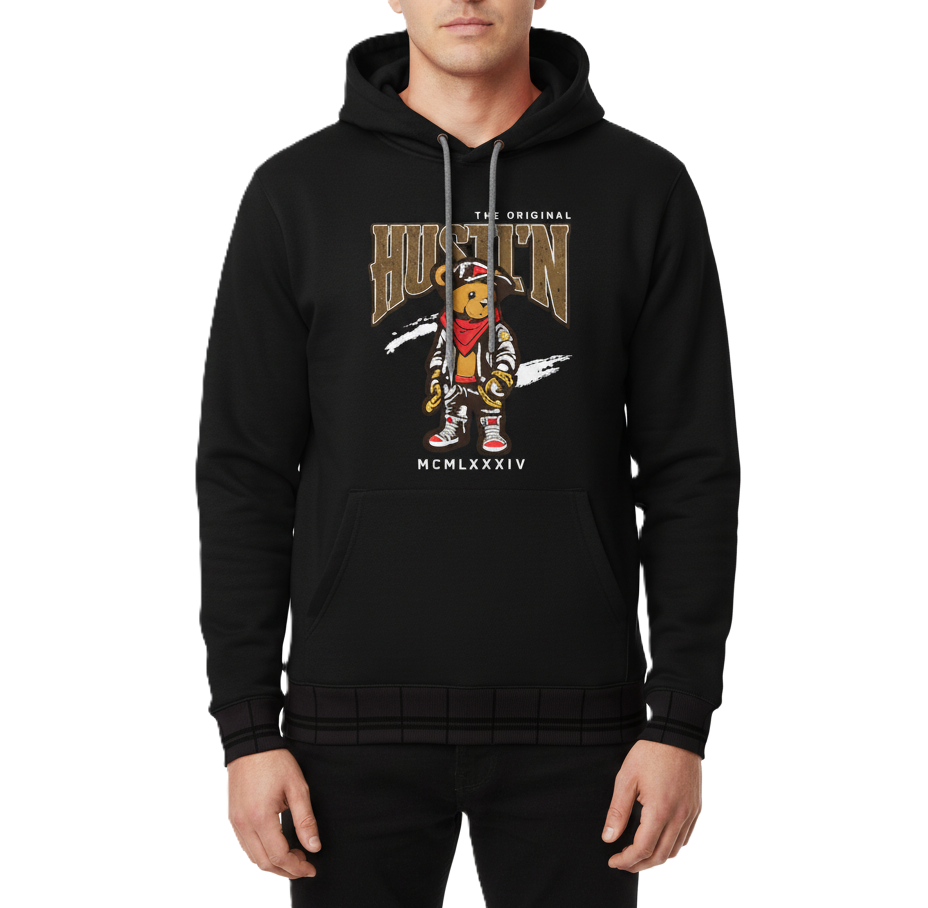 12 Pack Men’s Fashion Hoodie with Rhinestone Hustl'n Bear in Black