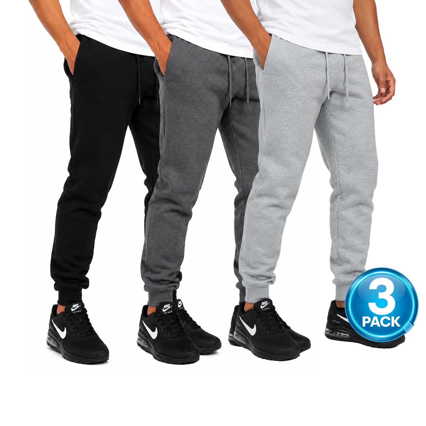 Men's 3-Pack Fleece Jogger Sweatpants in Black / Charcoal / Heather Grey