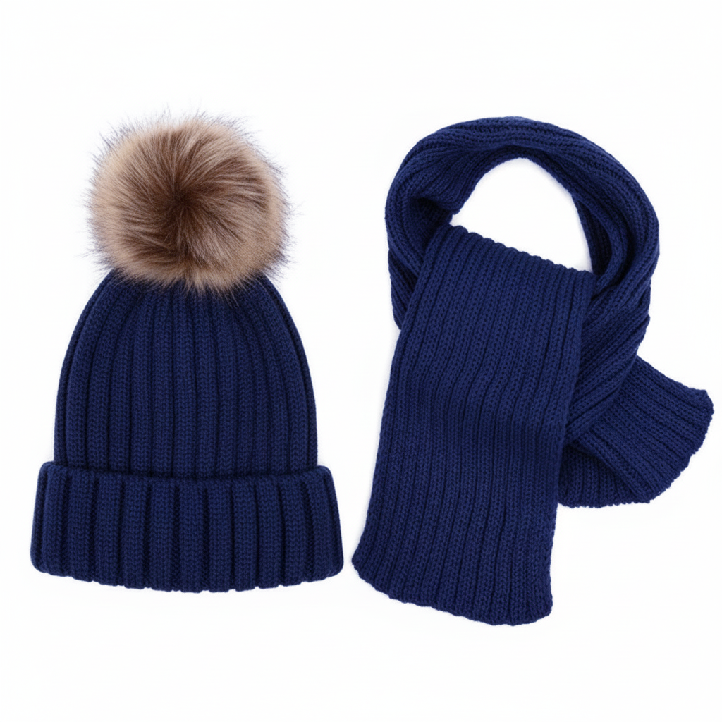 Wholesale Kid's Winter Knitted Scarf and Hat Set in Blue