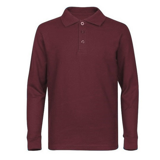 Wholesale Boys Long Sleeve Pique Polo Shirt School Uniform in Burgundy