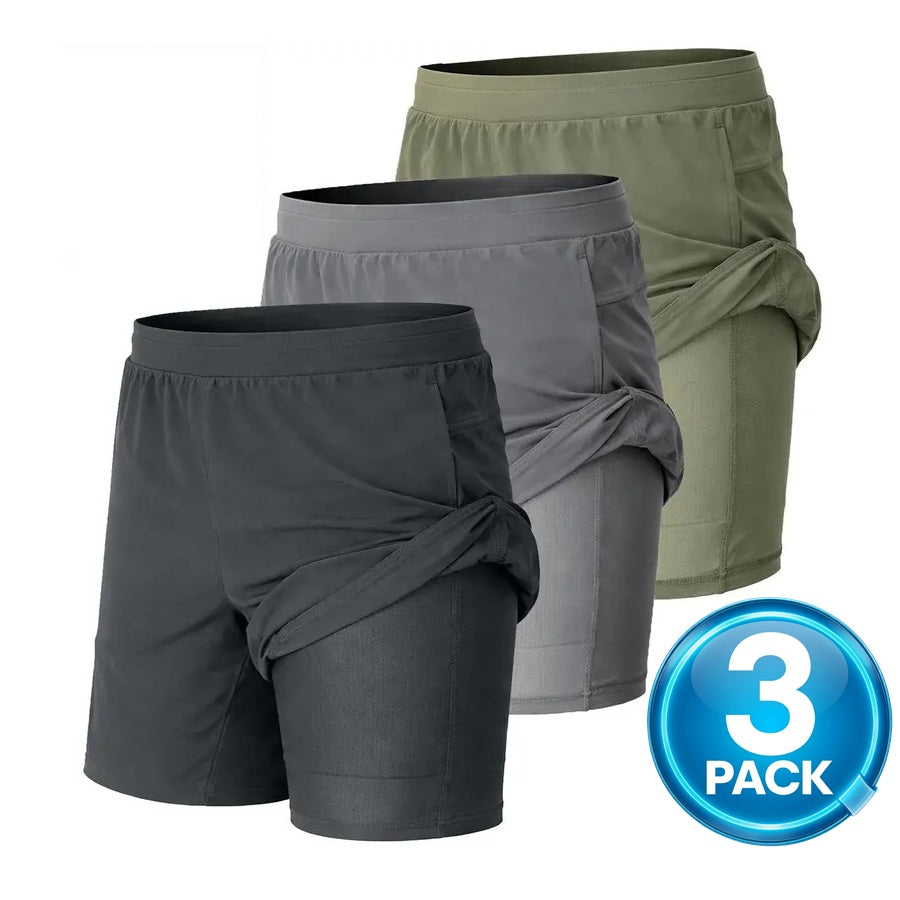 Men's 3-Pack Workout Shorts with Compression Liner – Charcoal / Grey / Sage