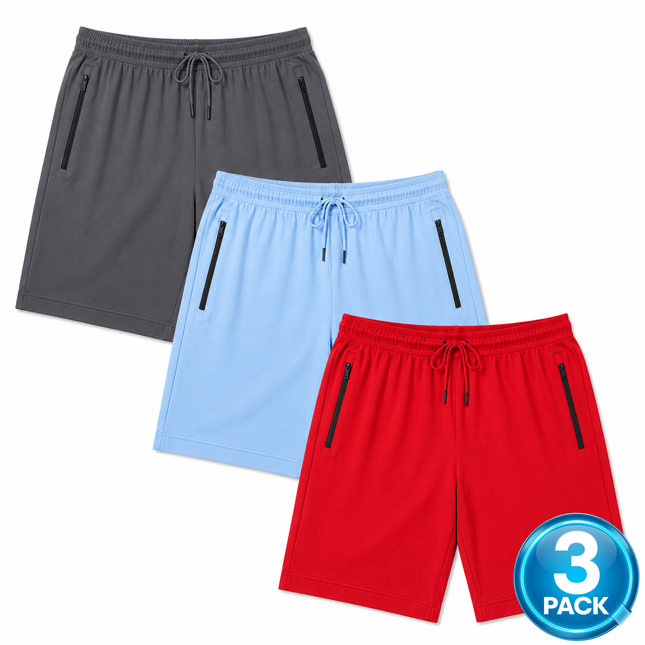 Men's 3-Pack -Pack Performance Workout Shorts With Zippered Pockets - Charcoal / Light Blue / Red