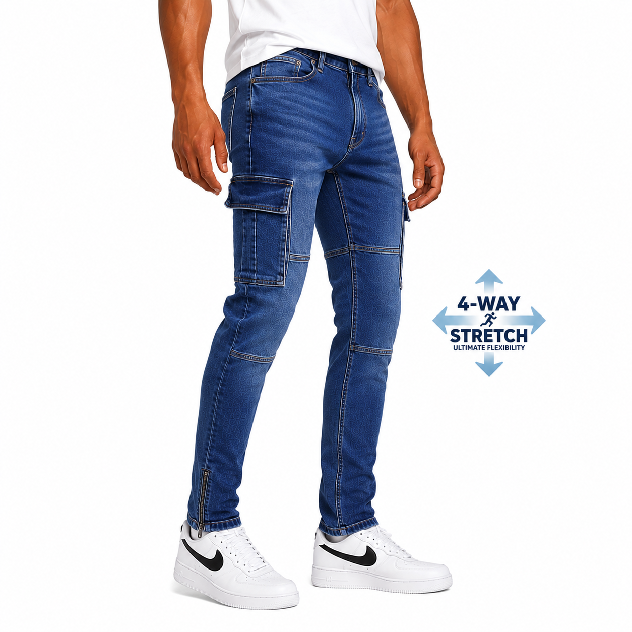 Men's Stretch Slim Straight Cargo Pocket Jeans in Dark Blue Wash