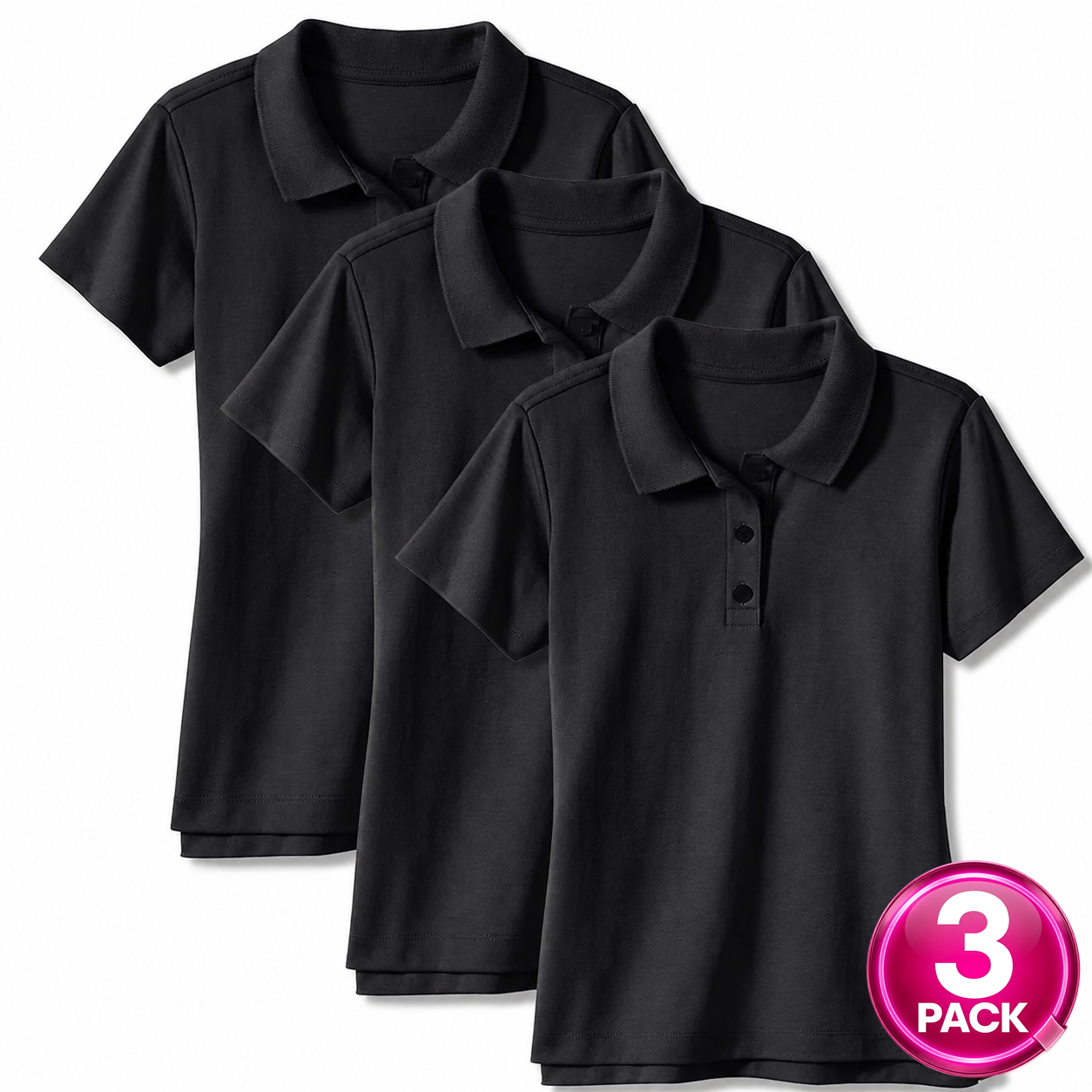 Girl's 3-Pack Short Sleeve School Uniform Polo Shirt in Black
