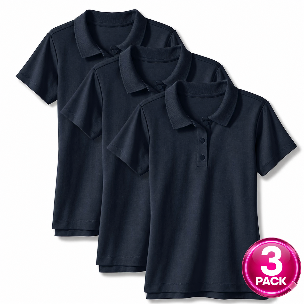 Girl's 3-Pack Short Sleeve School Uniform Polo Shirt in Navy