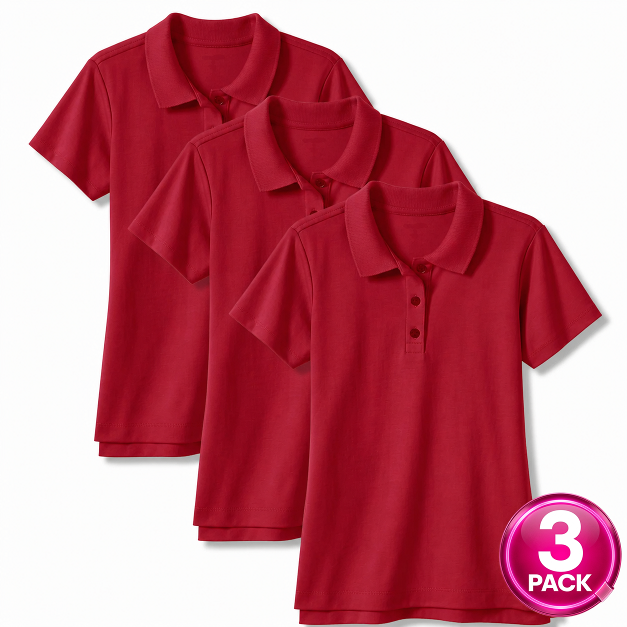 Girl's 3-Pack Short Sleeve School Uniform Polo Shirt in Red