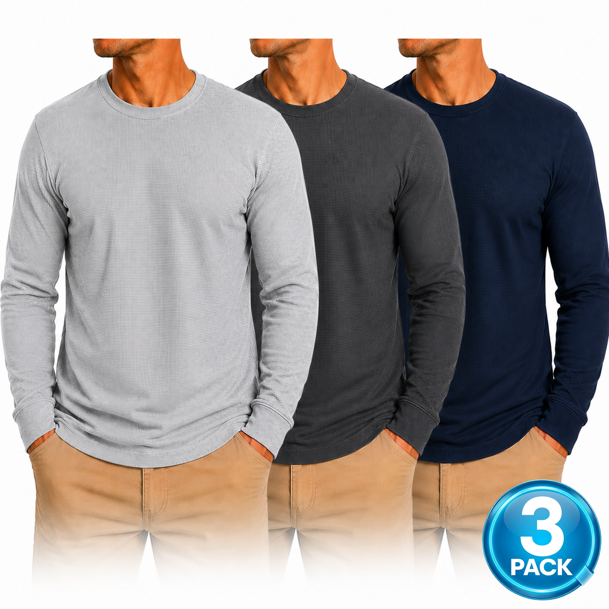 Men's 3-Pack Waffle-Knit Long Sleeve Thermal Shirt in Heather Grey / Charcoal / Navy