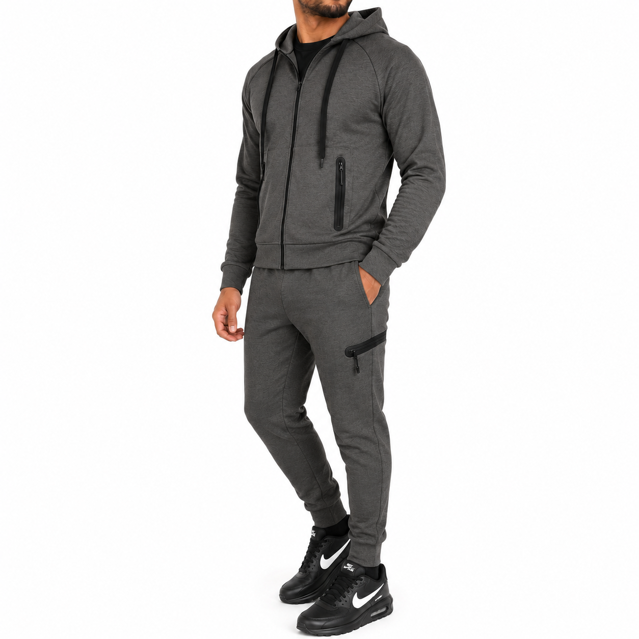 Men's Lightweight Tech Fleece Zip-Up Hoodie & Jogger 2-Piece Set in Charcoal