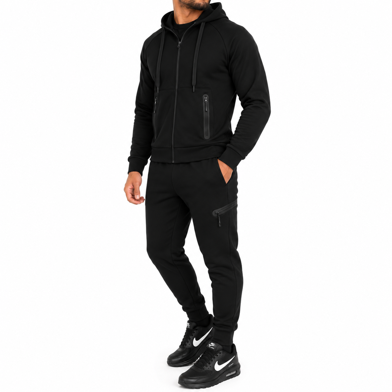 Men's Lightweight Tech Fleece Zip-Up Hoodie & Jogger 2-Piece Set in Black