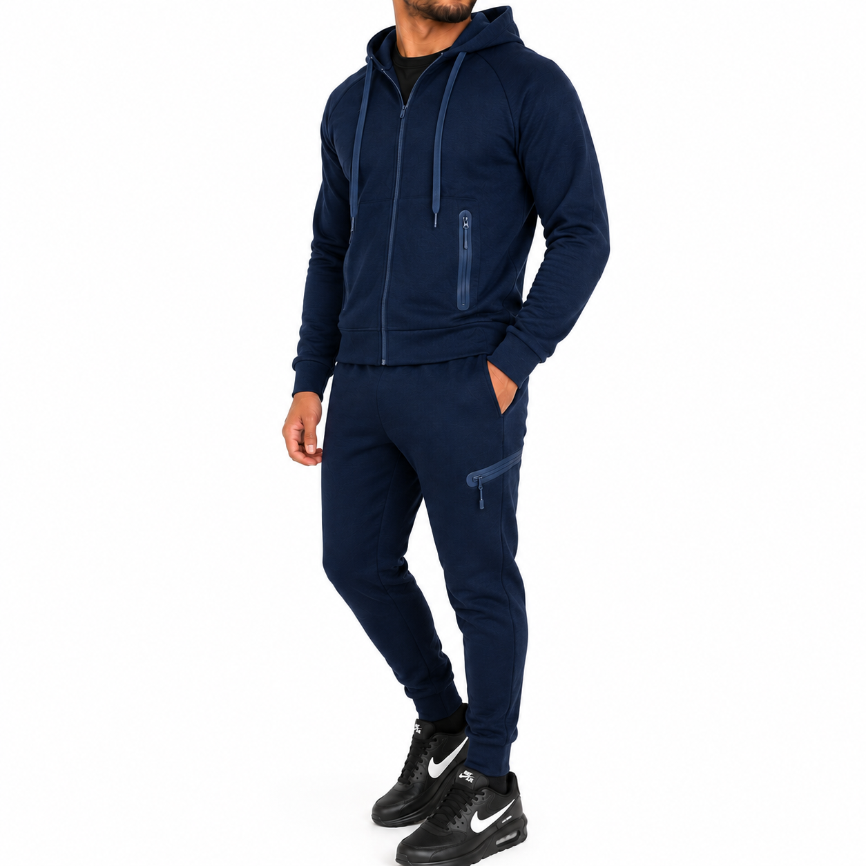 Men's Lightweight Tech Fleece Zip-Up Hoodie & Jogger 2-Piece Set in Navy