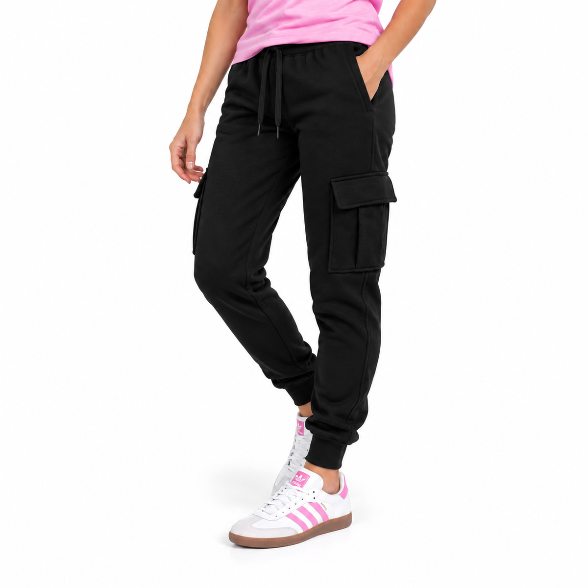 Women's Fleece Lined Cargo Jogger Sweatpants in Black