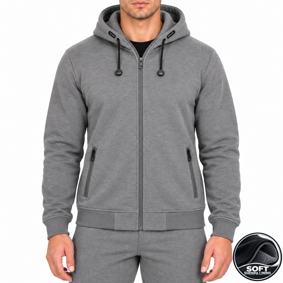Men's Heavyweight Sherpa Fleece-Lined Full Zip Hoodie in Heather Grey