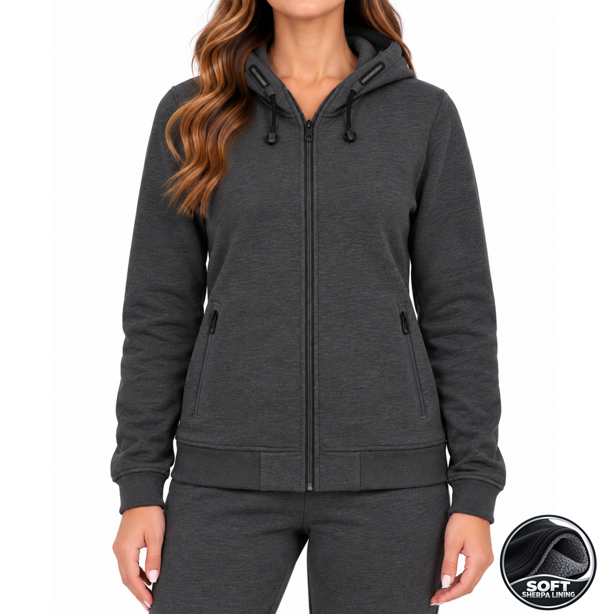 Women's Heavyweight Sherpa Fleece-Lined Full Zip Hoodie in Charcoal