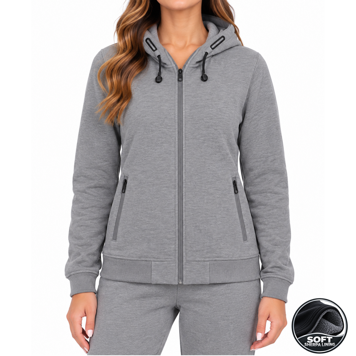 Women's Heavyweight Sherpa Fleece-Lined Full Zip Hoodie in Heather Grey