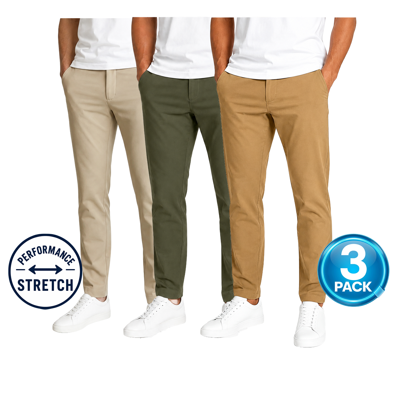 Young Men's 3-Pack Stretch Performance Fit Pants in Khaki / Olive / Timber