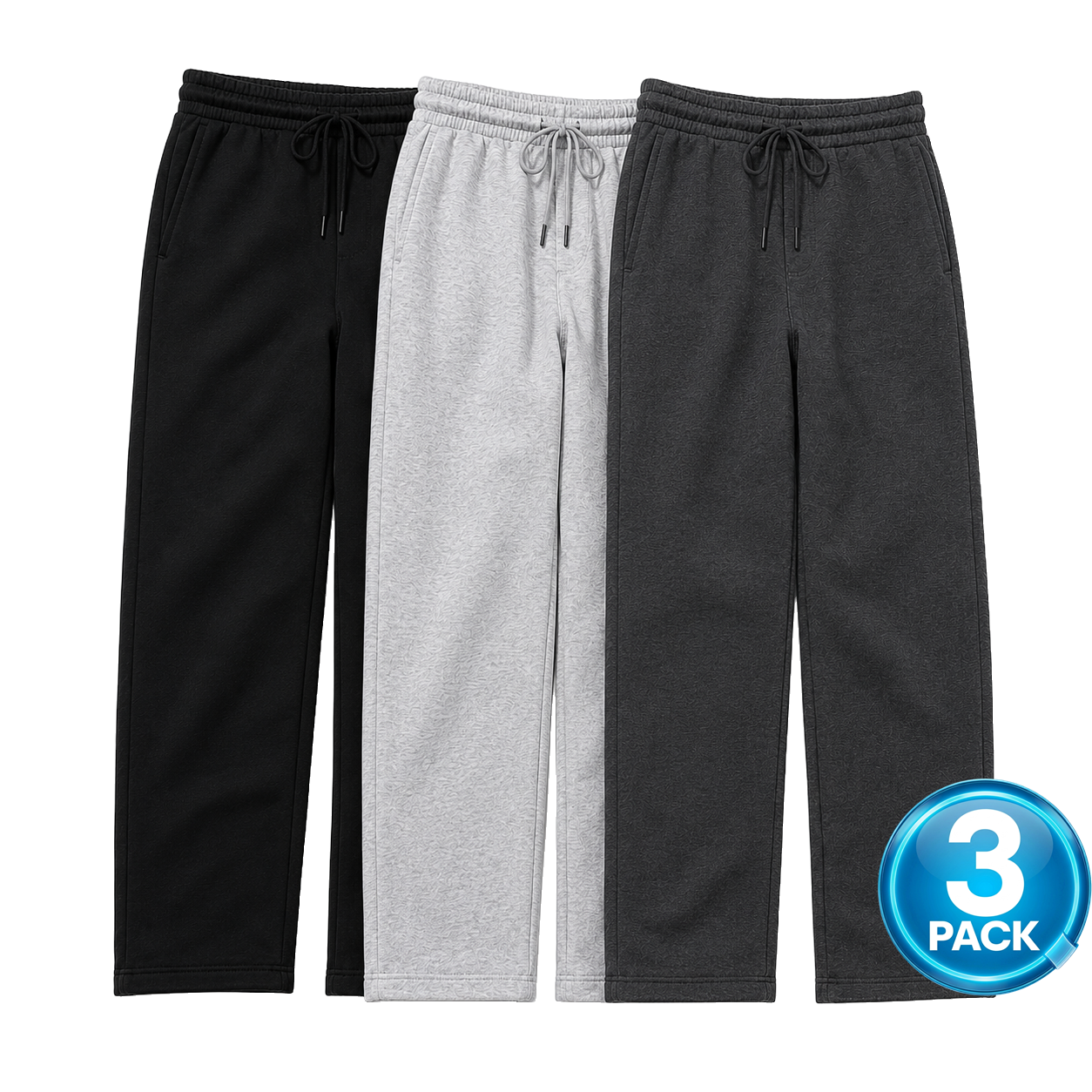 Men's 3-Pack Heavyweight Fleece Open Bottom Sweatpants in Black / Heather Grey / Charcoal