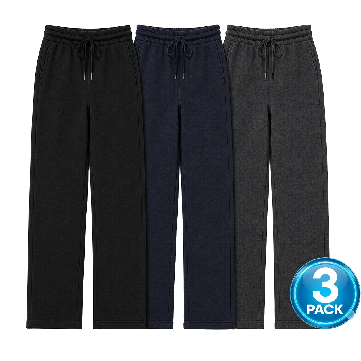 Men's 3-Pack Heavyweight Fleece Open Bottom Sweatpants in Black / Navy / Charcoal