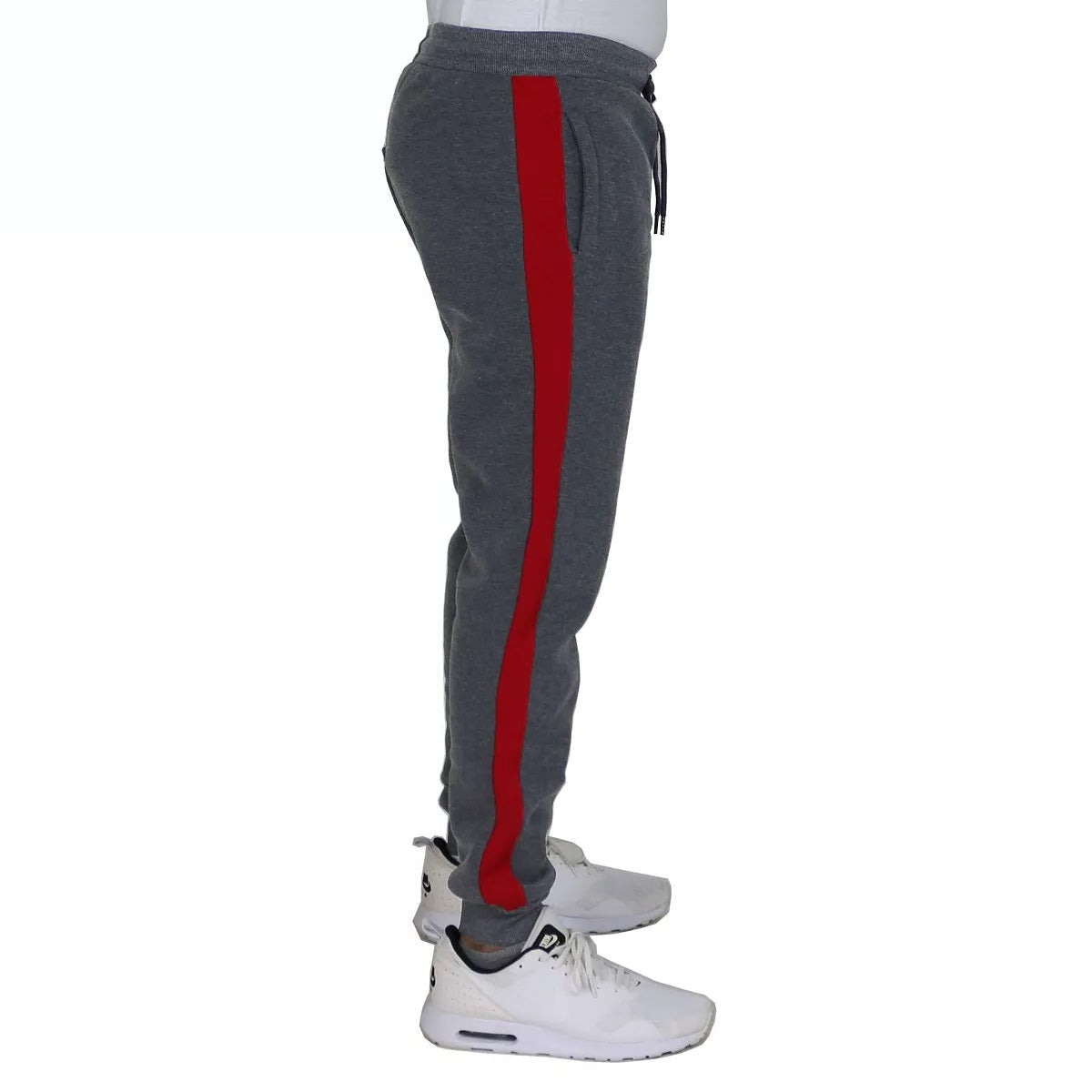 24 Pack Men's Fleece Jogger Sweatpants in Charcoal with Red Stripe