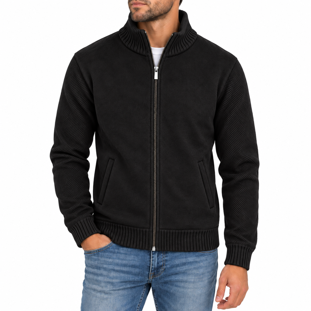 Men's Fleece Lined Full Zip Knit Textured Sweater in Black