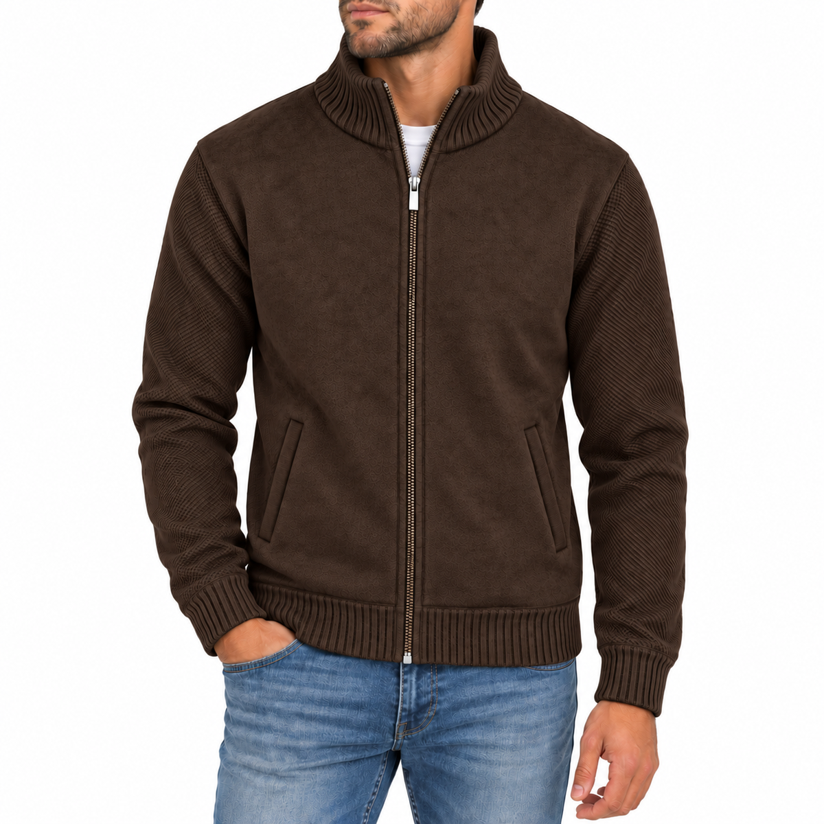 Men's Fleece Lined Full Zip Knit Textured Sweater in Brown